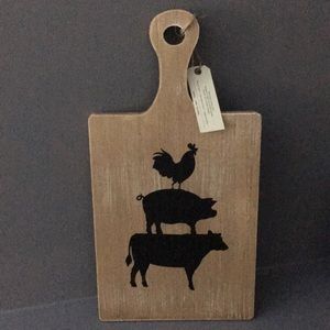 Farm style wooden paddle. Rooster. Pig. Cow.